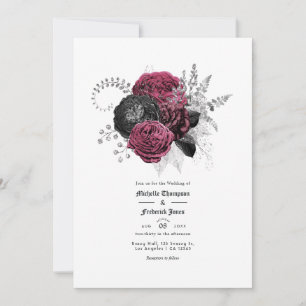 Marsala, Black and Silver Floral Gothic Wedding Invitation