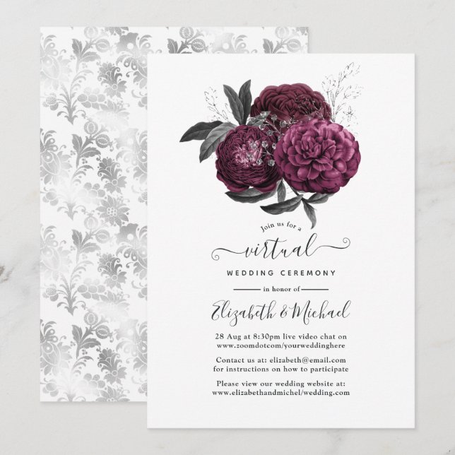 Marsala, Black and Silver Floral Virtual Wedding Invitation (Front/Back)