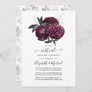Marsala, Black and Silver Floral Virtual Wedding Invitation