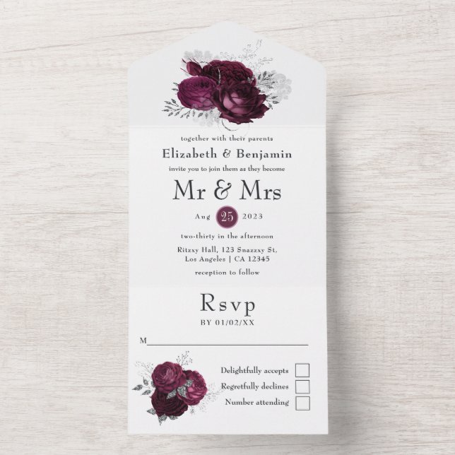 Marsala, Black and Silver Floral Wedding All In On One Invitation (Inside)