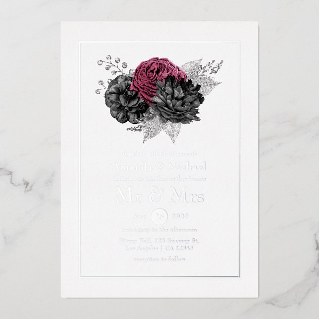 Marsala, Black and Silver Floral Wedding Foil Invi (Front)