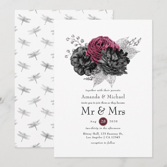 Marsala, Black and Silver Floral Wedding Invitation (Front/Back)