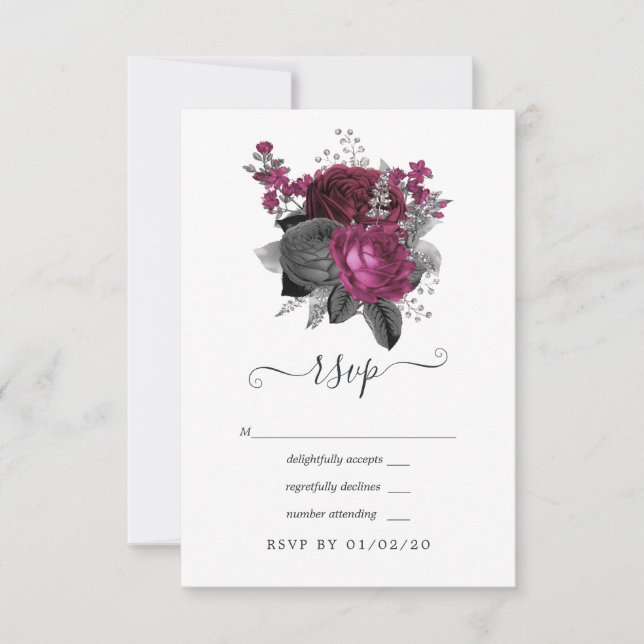 Marsala, Black and Silver Floral Wedding RSVP Card (Front)