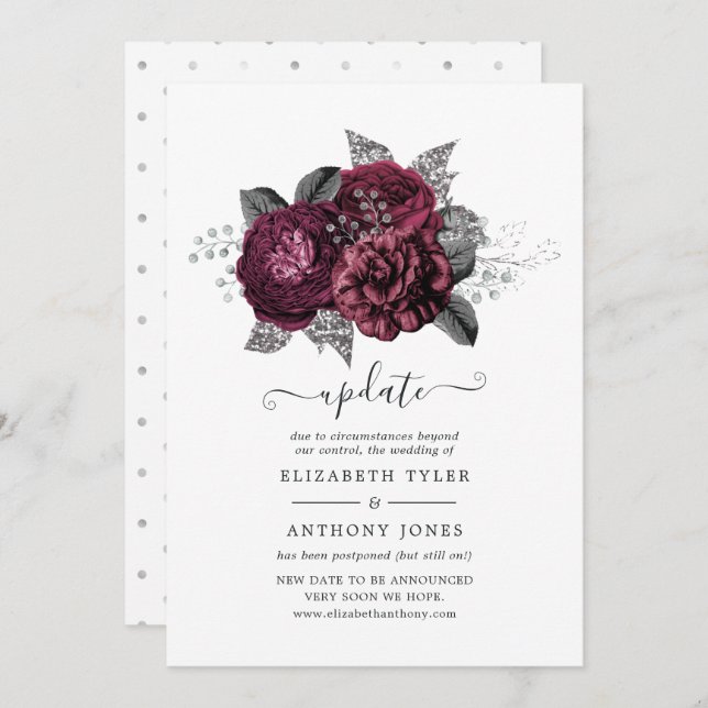 Marsala, Black and Silver Floral Wedding Update Invitation (Front/Back)