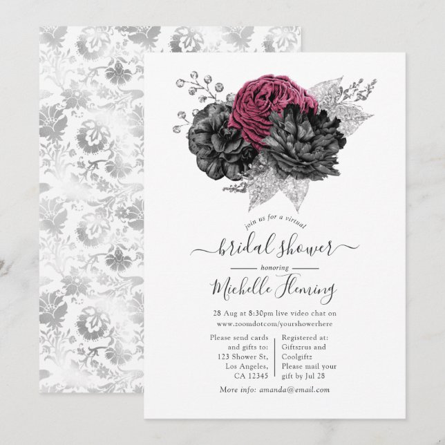 Marsala, Black and Silver Virtual Bridal Shower Invitation (Front/Back)