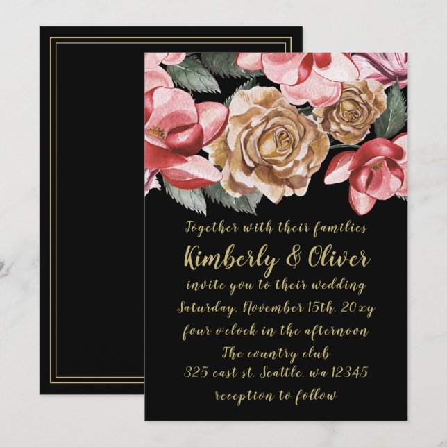 Marsala Black Floral Wedding Invitation (Front/Back)