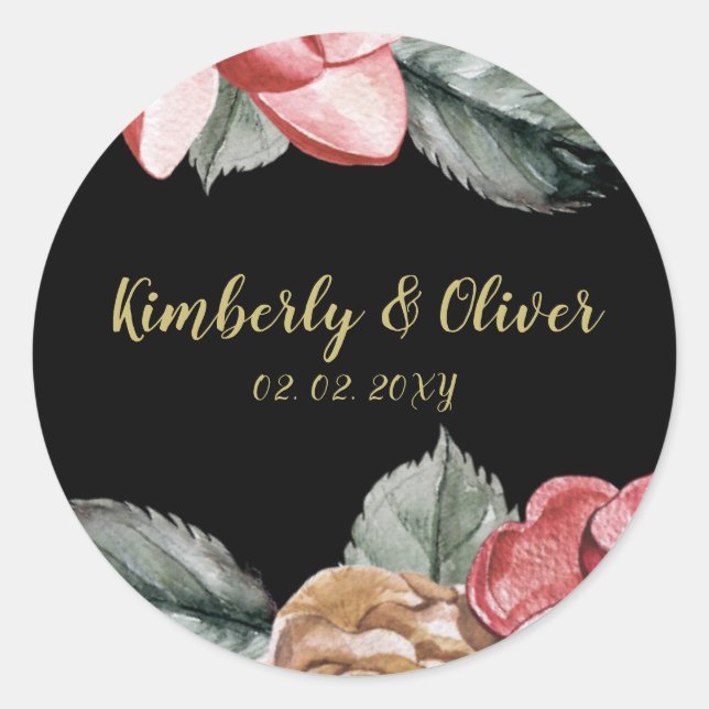 Marsala Black Floral Wedding Invitation Classic Round Sticker (Front)