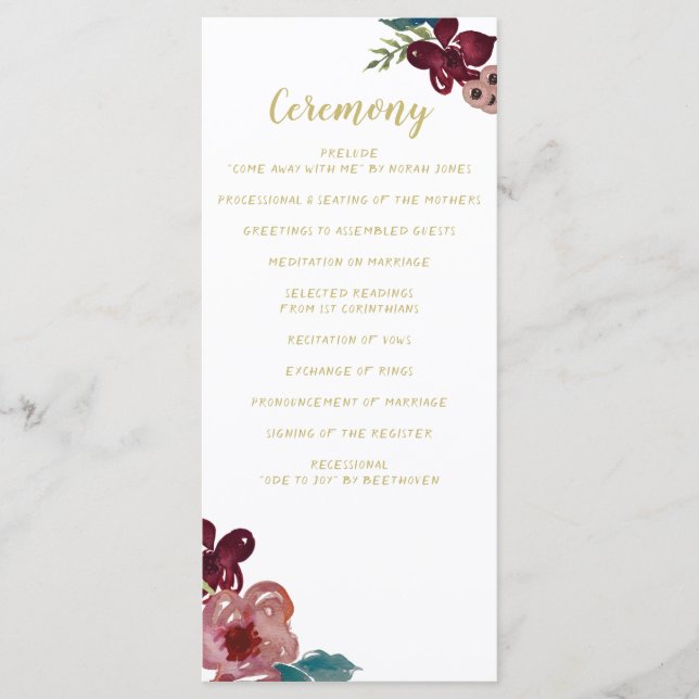 Marsala blush and gold floral wedding programs programme (Front)