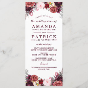 Marsala Blush Burgundy Peony Wedding Menu Cards