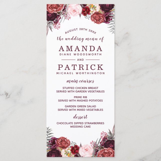 Marsala Blush Burgundy Peony Wedding Menu Cards (Front)
