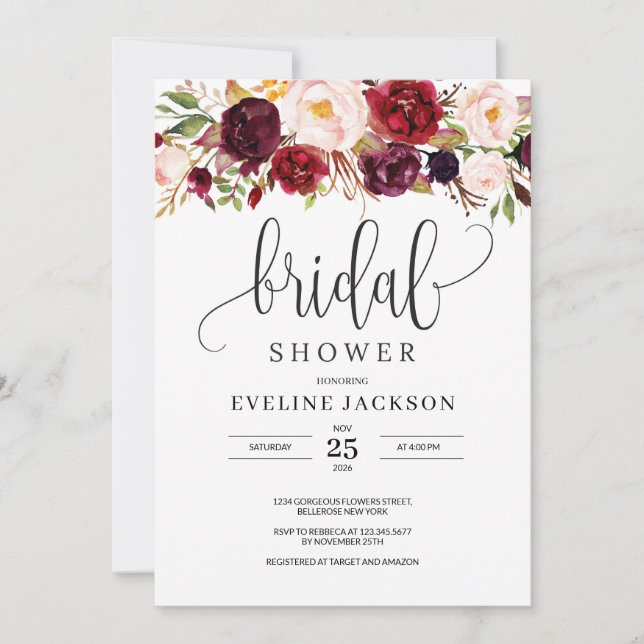 Marsala Blush Floral Bridal Shower Invitation (Front)