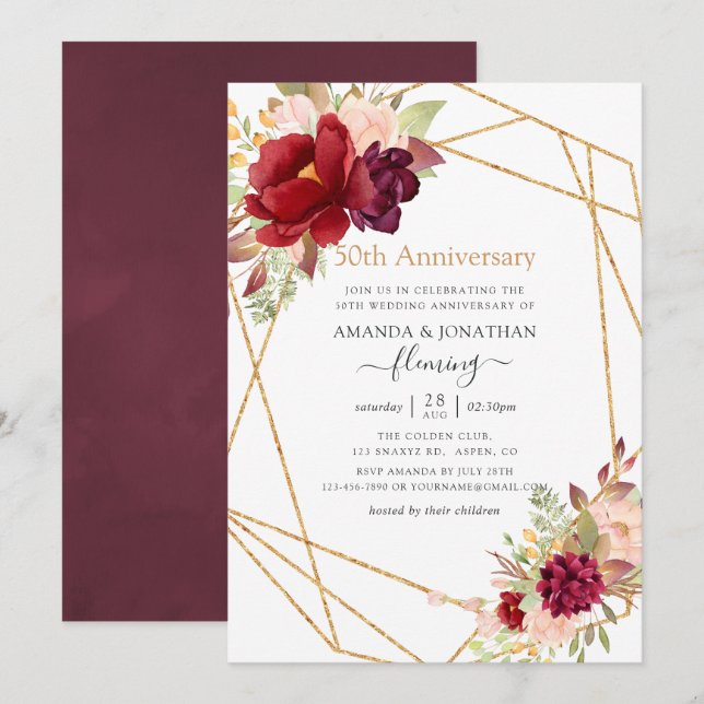 Marsala & Blush Geometric 50th Wedding Anniversary Invitation (Front/Back)