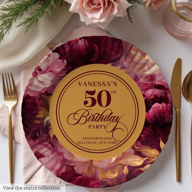Marsala blush gold floral woman 50th birthday paper plate (Marsala blush gold floral woman 50th birthday Paper Plates)