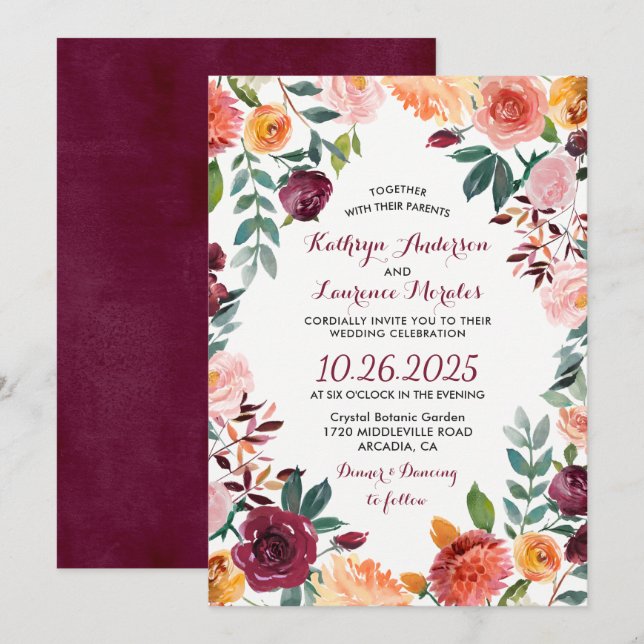 Marsala Blush Pink Botanical Flower Wreath Wedding Invitation (Front/Back)