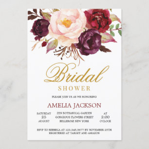 Marsala blush pink floral burgundy and gold bridal invitation