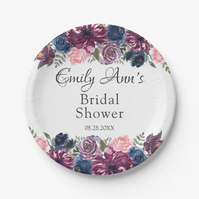 Marsala Blush Pink Navy Peony Bridal Shower Paper Plate (Front)