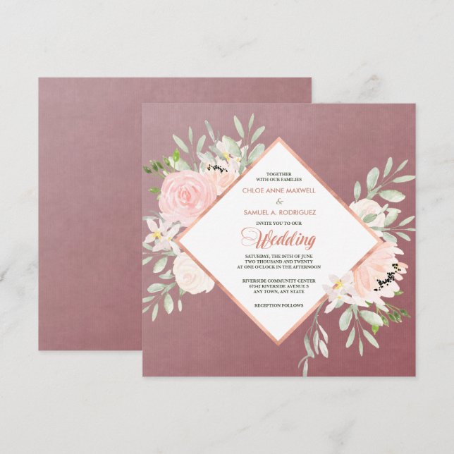 Marsala Blush Rose Floral Frame Wedding Invitation (Front/Back)