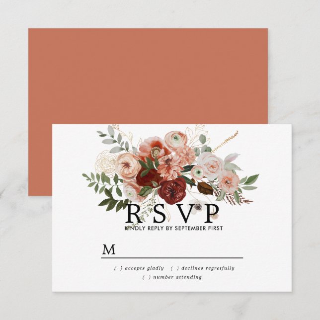 Marsala Blush Terracotta Floral Wedding RSVP Card (Front/Back)