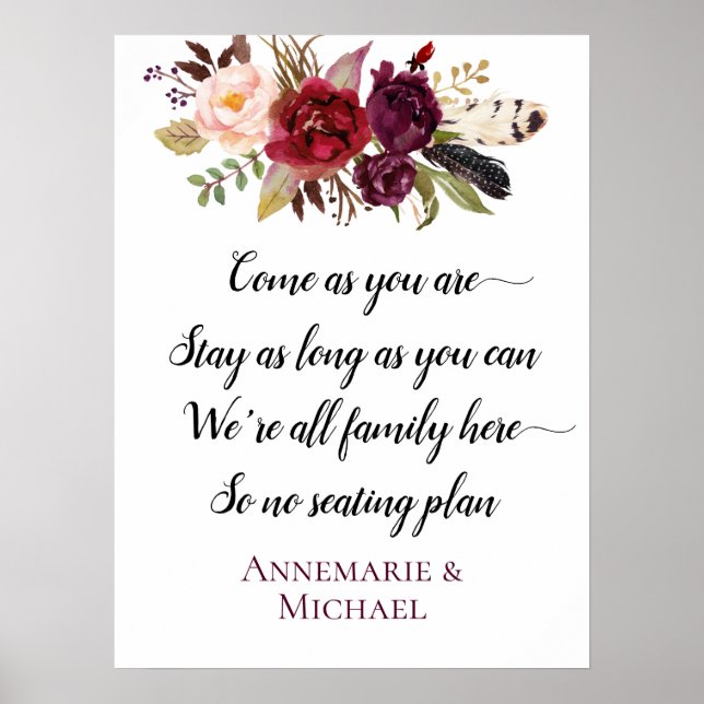 Marsala Boho Floral No Seating Plan Wedding Sign (Front)