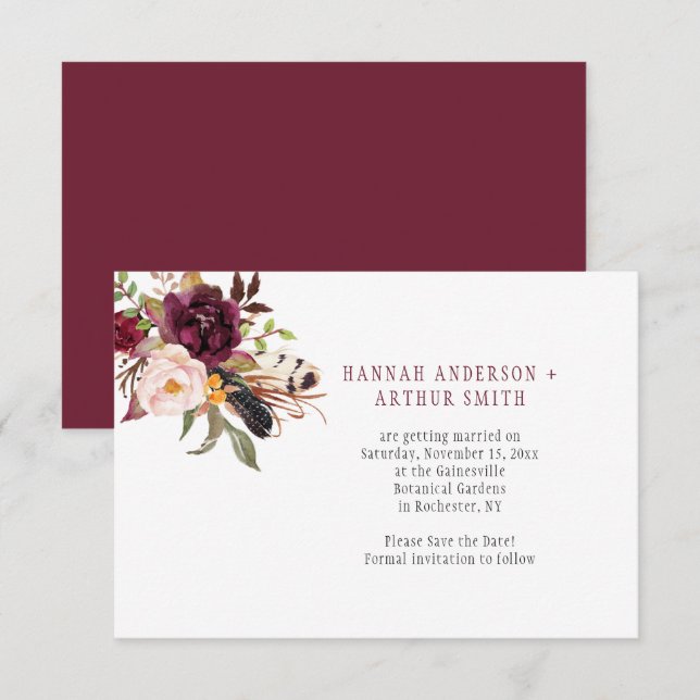 Marsala Boho Florals Save the Date Invitation (Front/Back)