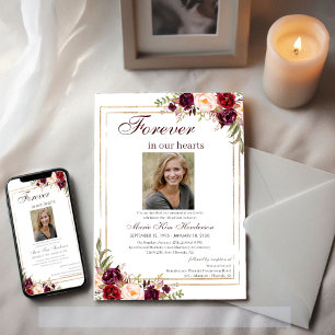 Marsala Boho Gold Memorial Service Funeral Photo Invitation
