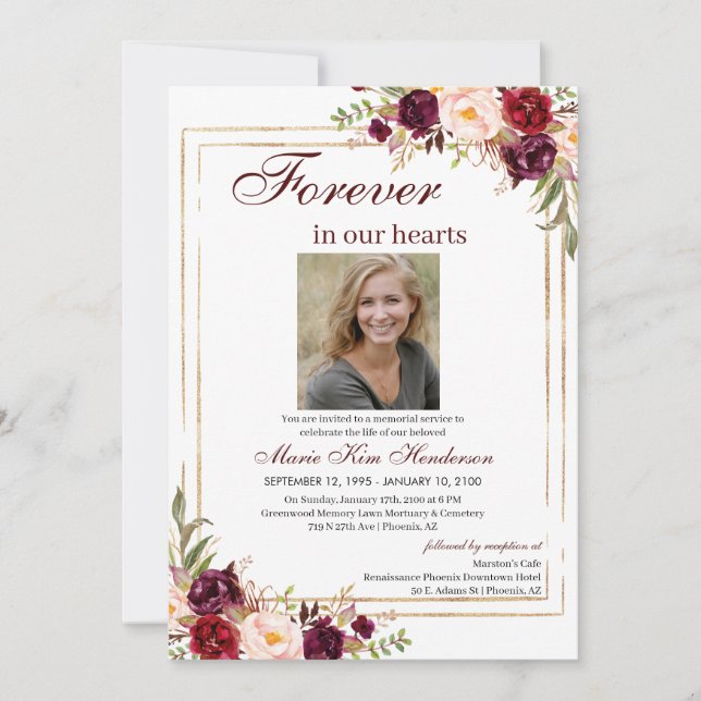 Marsala Boho Gold Memorial Service Funeral Photo Invitation (Front)
