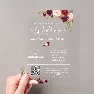 Marsala Boho Wedding Modern Minimal QR Code Acrylic Invitations