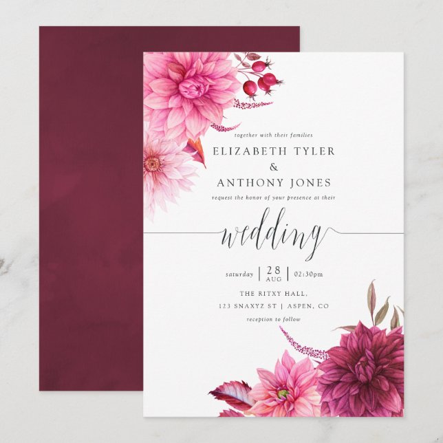 Marsala - Burgundy and Blush Autumn Fall Wedding Invitation (Front/Back)