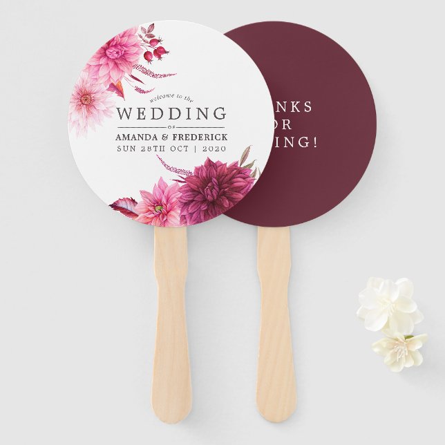 Marsala - Burgundy and Blush Autumn Wedding Favour Hand Fan (Front and Back)