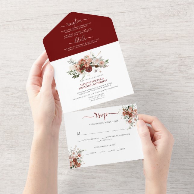Marsala, Burgundy, Blush, Green Autumn Floral All In One Invitation (Tearaway)
