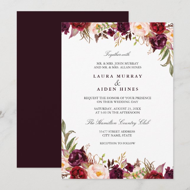 Marsala Burgundy Blush Watercolor Floral Wedding Invitation (Front/Back)