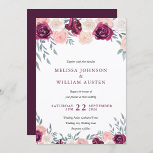 Marsala Burgundy Blush Watercolor Floral Wedding Invitation