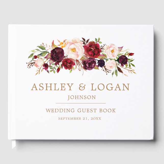 Marsala Burgundy Floral Autumn Wedding Guest Book (Front)
