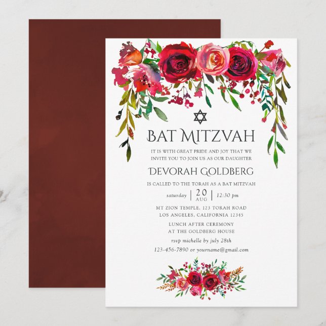 Marsala-Burgundy Floral Bat Mitzvah Invitation (Front/Back)