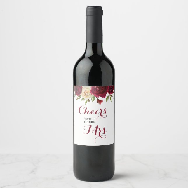 Marsala Burgundy Floral Bridal Shower Bachelorette Wine Label (Front)