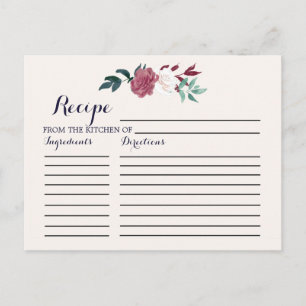 Marsala Burgundy Floral Bridal Shower Recipe Cards
