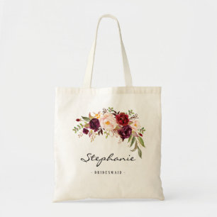 Marsala burgundy floral Bridesmaid Personalised Tote Bag
