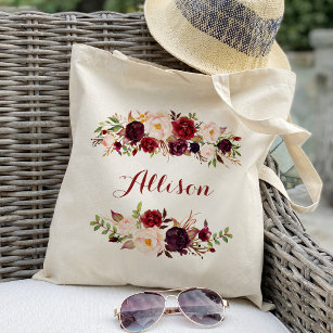 Marsala burgundy floral Bridesmaid Personalised Tote Bag