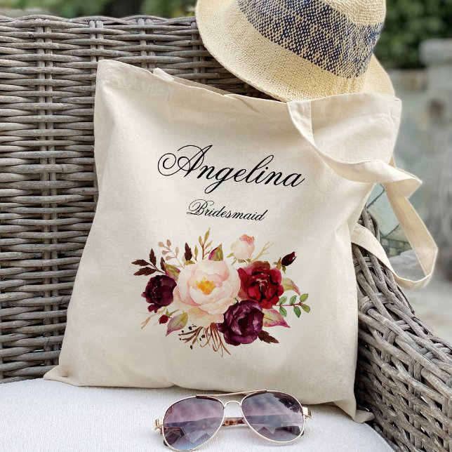 Marsala burgundy floral Bridesmaid Personalised Tote Bag (Creator Uploaded)