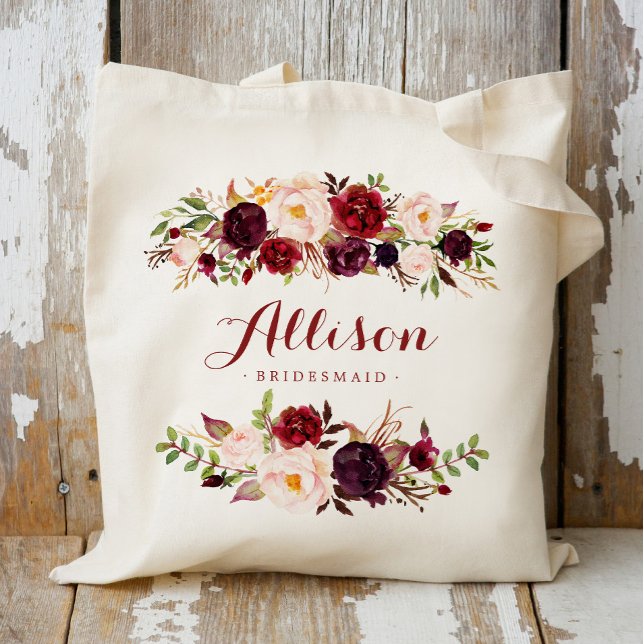 Marsala burgundy floral Bridesmaid Personalised Tote Bag (Creator Uploaded)