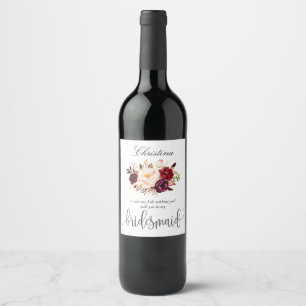 Marsala Burgundy Floral Bridesmaid Proposal-7 Wine Label