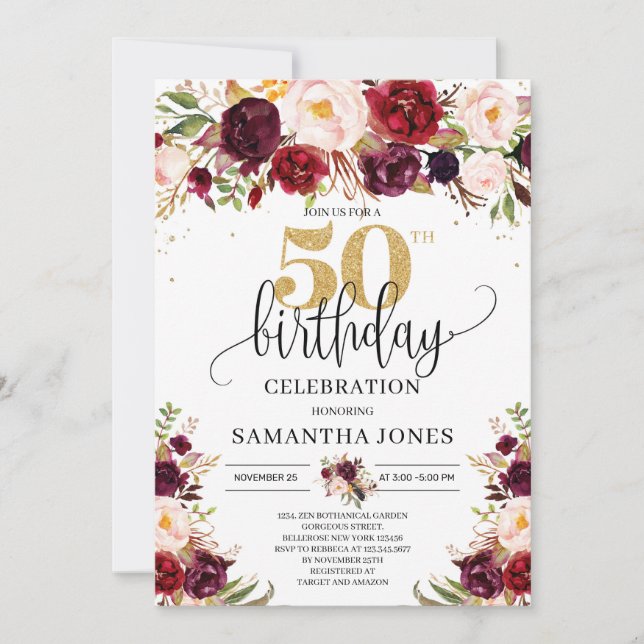 Marsala burgundy floral gold glitter 50th birthday invitation (Front)