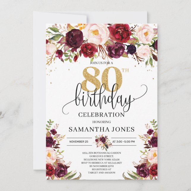 Marsala burgundy floral gold glitter 80th birthday invitation (Front)