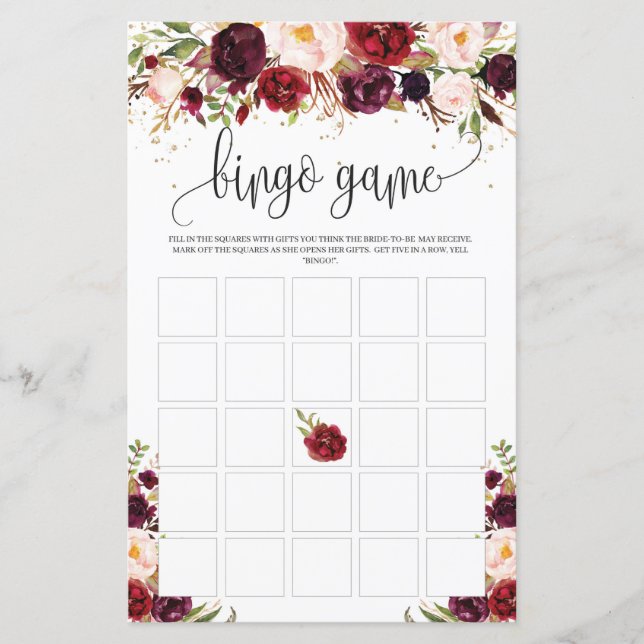 Marsala burgundy floral gold rustic bingo game (Front)