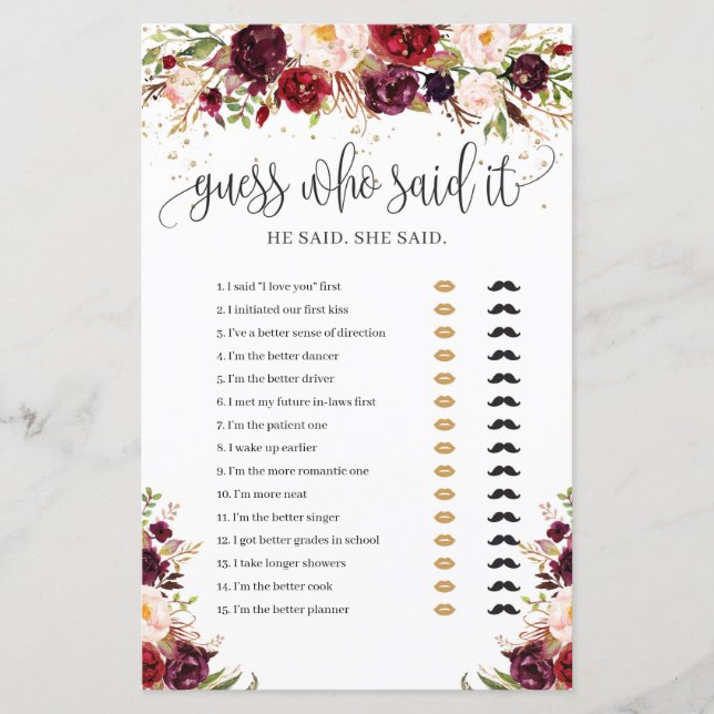 Marsala burgundy floral guess who said it game (Front)