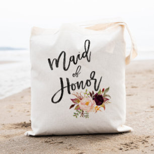 Marsala burgundy Floral maid of honour Tote Bag