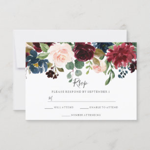 Marsala Burgundy Floral Modern Spring Wedding RSVP Card