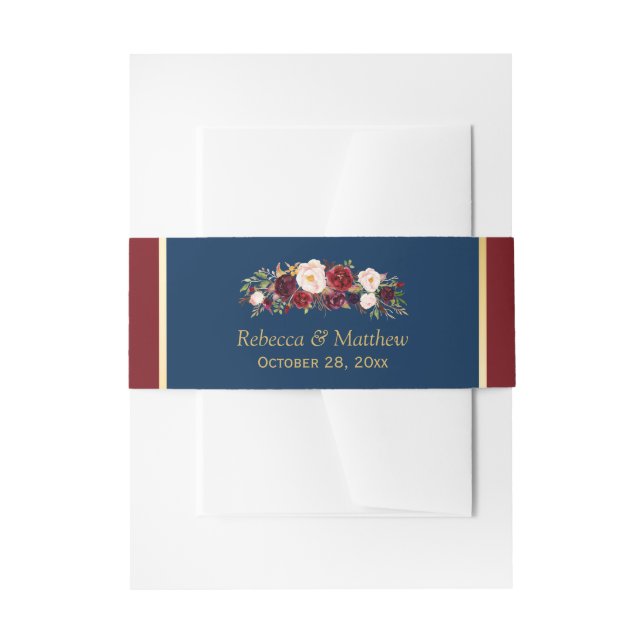 Marsala Burgundy Floral Navy Blue Gold Wedding Invitation Belly Band (Front Example)