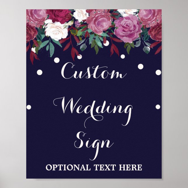 Marsala & Burgundy Floral Navy Custom Wedding Sign (Front)