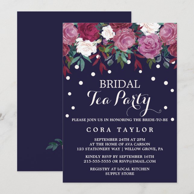 Marsala & Burgundy Floral on Navy Bridal Tea Party Invitation (Front/Back)